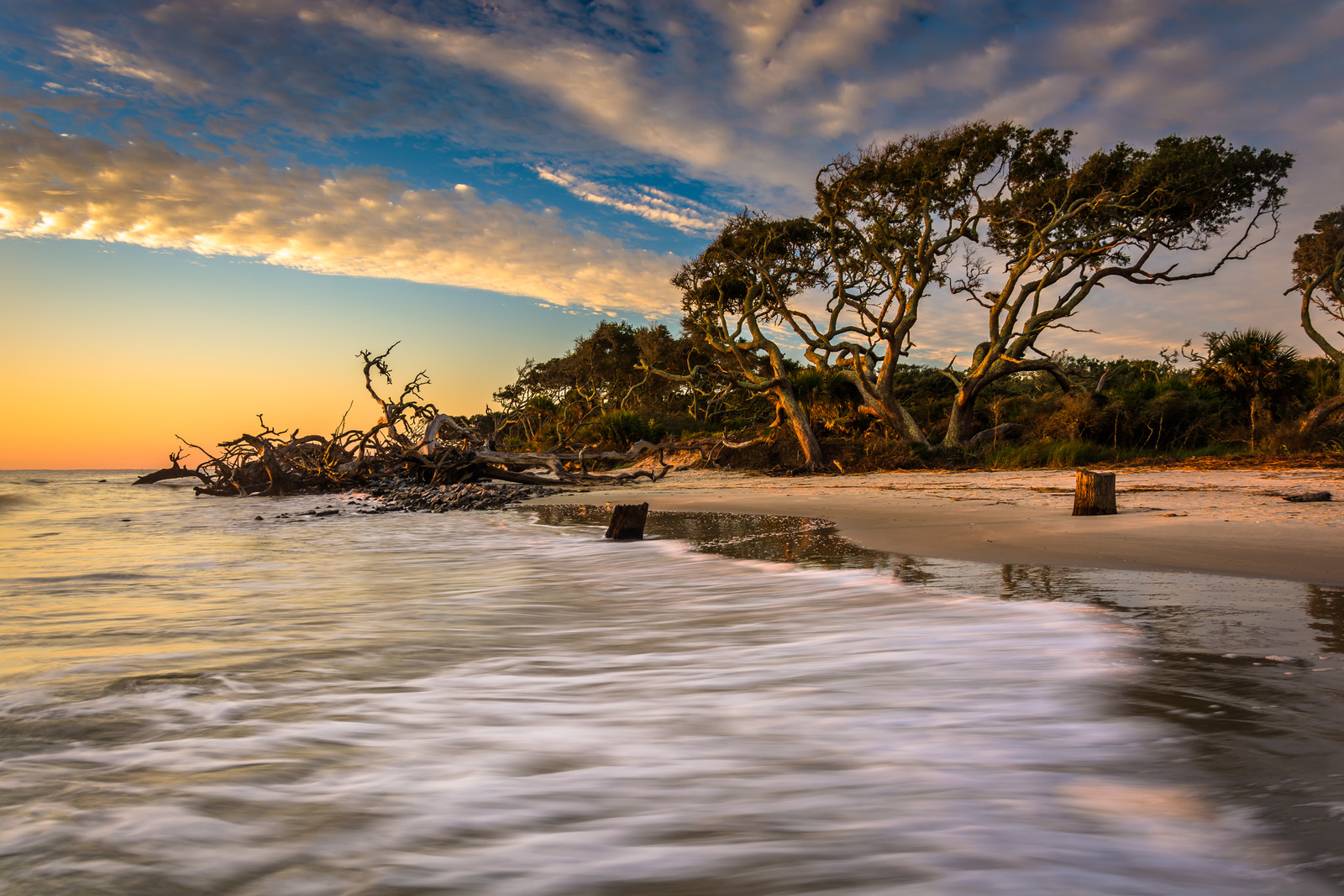 Sunset on beach with driftwood laying in sand and waves washing ashore